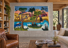 5.7 FT Palm Village and Cranes Handwoven Tapestry, Large Egyptian Wool Wall Hanging, Folk Art — detail 1