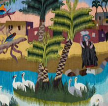 5.7 FT Palm Village and Cranes Handwoven Tapestry, Large Egyptian Wool Wall Hanging, Folk Art — detail 2