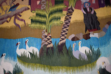 5.7 FT Palm Village and Cranes Handwoven Tapestry, Large Egyptian Wool Wall Hanging, Folk Art — detail 4