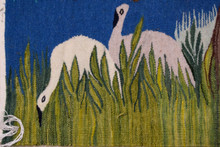 5.7 FT Palm Village and Cranes Handwoven Tapestry, Large Egyptian Wool Wall Hanging, Folk Art — detail 9