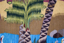 5.7 FT Palm Village and Cranes Handwoven Tapestry, Large Egyptian Wool Wall Hanging, Folk Art — detail 15