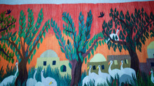 6.4 FT Red Sky Village and Cranes Handwoven Tapestry, Large Egyptian Wool Wall Hanging, Folk Art — detail 3