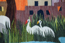 6.4 FT Red Sky Village and Cranes Handwoven Tapestry, Large Egyptian Wool Wall Hanging, Folk Art — detail 7