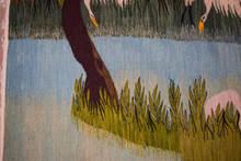 6.4 FT Red Sky Village and Cranes Handwoven Tapestry, Large Egyptian Wool Wall Hanging, Folk Art — detail 8