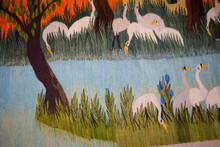 6.4 FT Red Sky Village and Cranes Handwoven Tapestry, Large Egyptian Wool Wall Hanging, Folk Art — detail 17