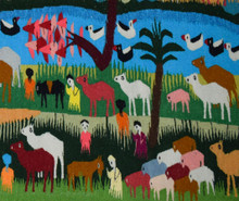 4.8 FT Old Village and Camels Handwoven Tapestry, Egyptian Wool Wall Hanging, Folk Art — detail 3