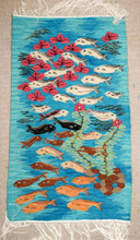 30" Fish and Lotus Handwoven Tapestry, Turquoise Egyptian Wool Wall Hanging, Natural Dye Folk Art