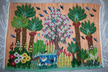 3.9 FT Palm Grove and Pink Blossom Handwoven Tapestry, Egyptian Wool Wall Hanging, Natural Dye