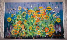 4.2 FT Sunflowers and Doves Handwoven Tapestry, Blue Egyptian Wool Wall Hanging, Natural Dye Art