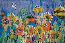 4.2 FT Sunflowers and Doves Handwoven Tapestry, Blue Egyptian Wool Wall Hanging, Natural Dye Art — detail 6
