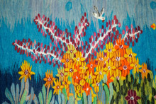 3.5 FT Orange Blossom Branches Handwoven Tapestry, Blue Egyptian Wool Wall Hanging, Natural Dye — detail 6