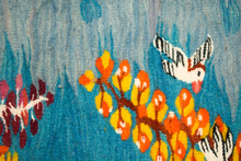 3.5 FT Orange Blossom Branches Handwoven Tapestry, Blue Egyptian Wool Wall Hanging, Natural Dye — detail 9
