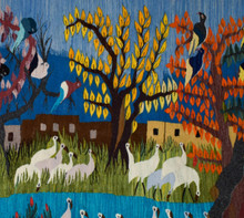 6.5 FT Village and White Cranes Handwoven Tapestry, Large Egyptian Wool Wall Hanging, Signed Folk Art — detail 3