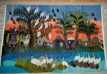 6.1 FT Village Couple Under the Crane Tree Handwoven Tapestry, Large Egyptian Wool Wall Hanging, Signed Folk Art