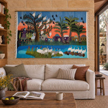 6.1 FT Village Couple Under the Crane Tree Handwoven Tapestry, Large Egyptian Wool Wall Hanging, Signed Folk Art — detail 1