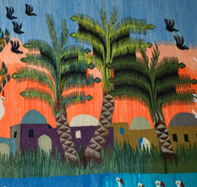 6.1 FT Village Couple Under the Crane Tree Handwoven Tapestry, Large Egyptian Wool Wall Hanging, Signed Folk Art — detail 4