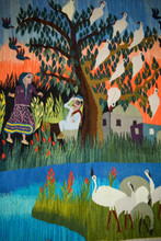 6.1 FT Village Couple Under the Crane Tree Handwoven Tapestry, Large Egyptian Wool Wall Hanging, Signed Folk Art — detail 8