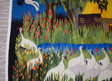 6.4 FT White Ibis by the River Handwoven Tapestry, Large Egyptian Wool Wall Hanging, Signed Folk Art — detail 4