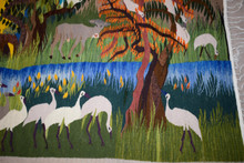 6.4 FT White Ibis by the River Handwoven Tapestry, Large Egyptian Wool Wall Hanging, Signed Folk Art — detail 10