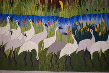 6.4 FT White Ibis by the River Handwoven Tapestry, Large Egyptian Wool Wall Hanging, Signed Folk Art — detail 11