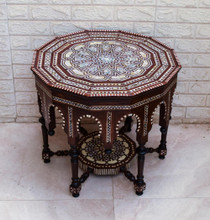 Moroccan Mother of Pearl Coffee Table, Handmade Octagonal Inlaid Wood — detail 2
