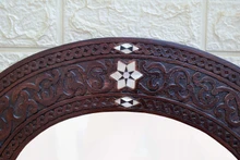 Syrian Wood Mirror Frame Hand Carved Mother of Pearl Mashrabiya Moroccan Wall Decor — detail 3