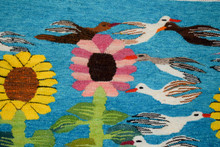 Egyptian Handwoven Wool Tapestry Sunflowers and Birds Turquoise Folk Art Wall Hanging 57 x 41 in — detail 4