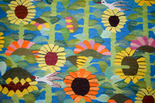 Egyptian Handwoven Wool Tapestry Sunflowers and Birds Turquoise Folk Art Wall Hanging 57 x 41 in — detail 5
