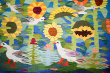 Egyptian Handwoven Wool Tapestry Sunflowers and Birds Turquoise Folk Art Wall Hanging 57 x 41 in — detail 6