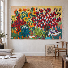 Egyptian Handwoven Wool Tapestry Flowering Trees Egrets Sunflowers Wall Hanging 63 x 41 in — detail 1