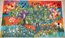 Egyptian Handwoven Wool Tapestry Orange Garden Donkey Birds Folk Art Wall Hanging 69 x 41 in — detail 1