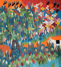 Egyptian Handwoven Wool Tapestry Orange Garden Donkey Birds Folk Art Wall Hanging 69 x 41 in — detail 3