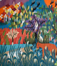 Egyptian Handwoven Wool Tapestry Orange Garden Donkey Birds Folk Art Wall Hanging 69 x 41 in — detail 4