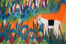 Egyptian Handwoven Wool Tapestry Orange Garden Donkey Birds Folk Art Wall Hanging 69 x 41 in — detail 5