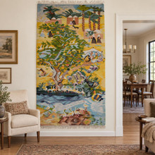 Vintage Huge Egyptian Handwoven Wool Tapestry Nile Village Palms Ibis Yellow 109 x 60 in Wall Rug — detail 1