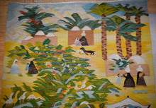 Vintage Huge Egyptian Handwoven Wool Tapestry Nile Village Palms Ibis Yellow 109 x 60 in Wall Rug — detail 2