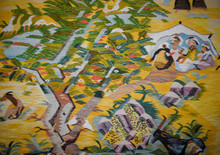 Vintage Huge Egyptian Handwoven Wool Tapestry Nile Village Palms Ibis Yellow 109 x 60 in Wall Rug — detail 4