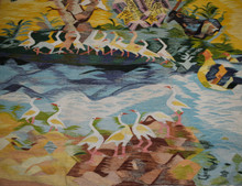 Vintage Huge Egyptian Handwoven Wool Tapestry Nile Village Palms Ibis Yellow 109 x 60 in Wall Rug — detail 5