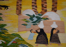 Vintage Huge Egyptian Handwoven Wool Tapestry Nile Village Palms Ibis Yellow 109 x 60 in Wall Rug — detail 6