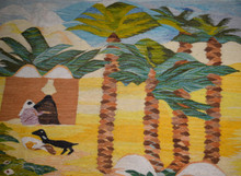 Vintage Huge Egyptian Handwoven Wool Tapestry Nile Village Palms Ibis Yellow 109 x 60 in Wall Rug — detail 7