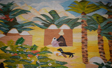 Vintage Huge Egyptian Handwoven Wool Tapestry Nile Village Palms Ibis Yellow 109 x 60 in Wall Rug — detail 8