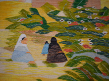 Vintage Huge Egyptian Handwoven Wool Tapestry Nile Village Palms Ibis Yellow 109 x 60 in Wall Rug — detail 9
