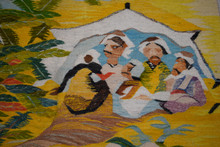 Vintage Huge Egyptian Handwoven Wool Tapestry Nile Village Palms Ibis Yellow 109 x 60 in Wall Rug — detail 10
