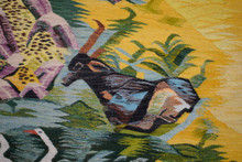 Vintage Huge Egyptian Handwoven Wool Tapestry Nile Village Palms Ibis Yellow 109 x 60 in Wall Rug — detail 11