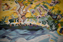 Vintage Huge Egyptian Handwoven Wool Tapestry Nile Village Palms Ibis Yellow 109 x 60 in Wall Rug — detail 12
