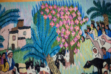 Large Egyptian Handwoven Wool Tapestry Village Market Day 130+ Figures Folk Art Wall Hanging 90 x 66 in — detail 11