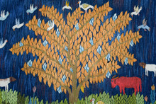 Night Garden with Cattle and Storks — Handwoven Egyptian Wool Tapestry, 3.9 ft — detail 1