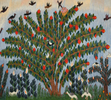 Fruit Tree with a Nest of Chicks — Handwoven Egyptian Wool Tapestry, 4.6 ft — detail 1