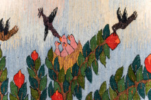 Fruit Tree with a Nest of Chicks — Handwoven Egyptian Wool Tapestry, 4.6 ft — detail 2