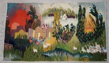Village Church at Sunset with Geese — Handwoven Egyptian Wool Tapestry, 6.2 ft